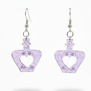Purple Glitter Heart Potion Bottle Charm Dangle Earrings